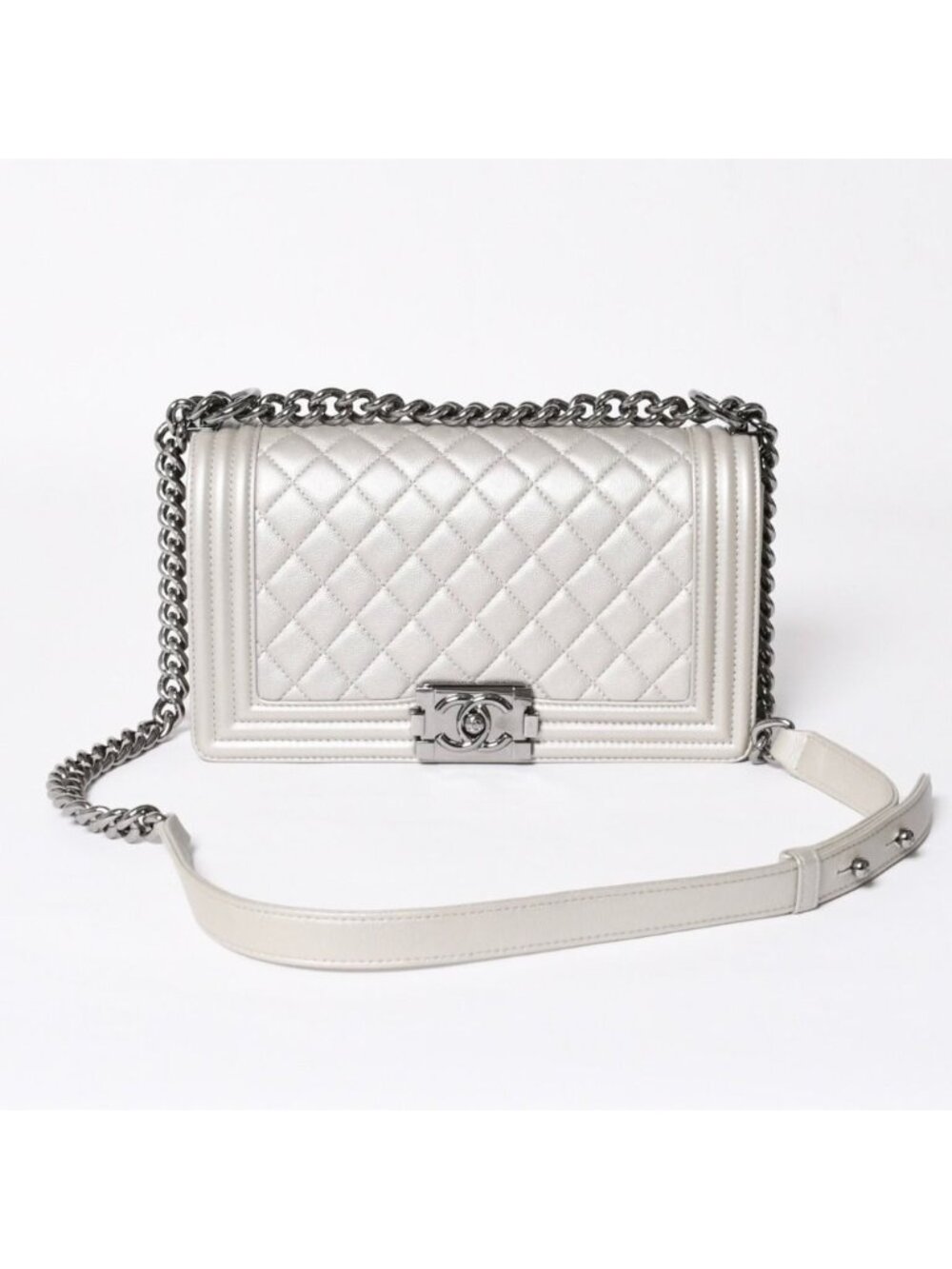Chanel Boy Chain Shoulder Bag Light Gray Lambskin Silver